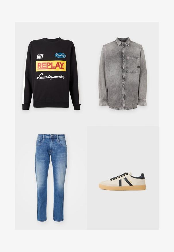 Sudadera negra de cuello redondo con rayas blancas en las mangas, que presenta logotipos de texto multicolores "Replay" y "Laundryworks" en la parte delantera.; Camisa de mezclilla gris, de botones, de manga larga, con tejido de peso medio, un bolsillo en el pecho, acabado desgastado con botones en contraste, cuello clásico.; Jeans de mezclilla azul claro con corte recto, diseño de cinco bolsillos, un ligero desgastado y una cinturilla estándar con cierre de botón.; Zapatillas casuales en crema con rayas negras, con parte superior texturizada y suela de goma. Los cordones son negros. Logo sutil en el costado.