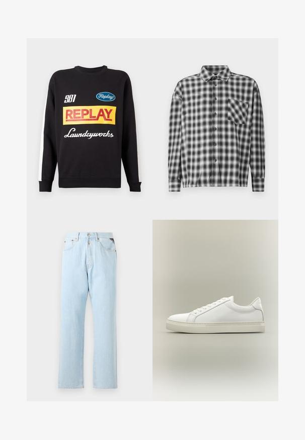Sort crewneck sweatshirt med hvide striber på ærmerne, med flerfarvede "Replay" og "Laundryworks" tekstlogoer på fronten.; Sorte og hvide ternede langærmede skjorte i blødt stof, med knaplukning foran og brystlomme. Krave-design med afslappet pasform.; Lyseblå denimjeans med lige ben. Har en knap- og dyse-lukning, fem lommer og kontraststing.; Hvid lavtop sneaker med snørebånd foran og tyk sål, vist fra siden mod en neutral baggrund.
