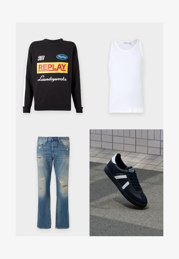 Sort crewneck sweatshirt med hvide striber på ærmerne, med flerfarvede "Replay" og "Laundryworks" tekstlogoer på fronten.; Hvid bomulds tanktop med rund hals og brede stropper. Glat tekstur, ingen mønstre, enkelt design og mærkeetiket på halsudskæringen.; Lyseblå denimjeans med afslappet pasform, der har slidte detaljer og frynset lapper, med standard fem-lomme-design og knaplukning.; Sort lædersneaker med hvide striber, tekstureret gummisål og snørrebånd foran. Har et brandet mærke på tungen.