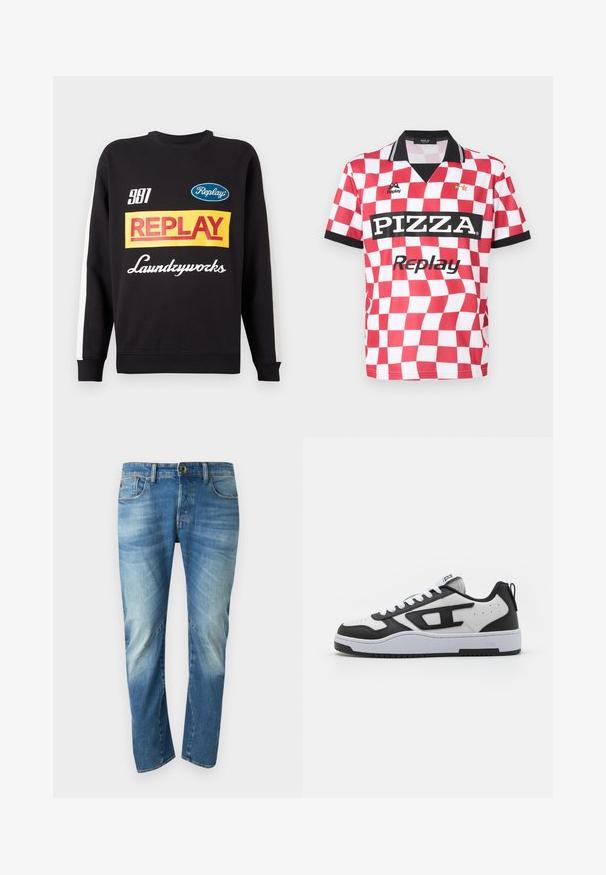Schwarzer Rundhalspullover mit weißen Streifen an den Ärmeln, auf der Vorderseite mit mehrfarbigen "Replay"- und "Laundryworks"-Textlogos versehen.; Rot-weiß kariertes Kurzarmtrikot mit schwarzem Kragen, "PIZZA"-Logo und zwei Sternen über dem Markennamen. Glatte Stofftextur.; Blaue ausgewaschene gerade Jeans mit fünf Taschen, Knopfverschluss und sichtbaren Nahtdetails auf der Vorderseite.; Schwarze und weiße Sneaker mit Obermaterial aus strukturiertem Leder, gepolstertem Schuhkragen, runder Zehenpartie und kontrastierender Gummisohle. Inklusive weißer Schnürsenkel und Logodetail.