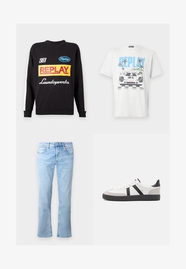 Μαύρη μπλούζα crewneck με λευκές ρίγες στα μανίκια, featuring πολύχρωμα λογότυπα "Replay" και "Laundryworks" στο μπροστινό μέρος.; Λευκό βαμβακερό μπλουζάκι με πολύχρωμο σχέδιο που απεικονίζει αγωνιστικό αυτοκίνητο, φοίνικες και καρό σημαίες, με την επιγραφή «REPLAY» σε περίοπτη θέση.; Ανοιχτό μπλε τζιν παντελόνι διαθέτει σχέδιο ίσιας γραμμής, πέντε τσέπες και κλείσιμο με κουμπί. Το ύφασμα έχει απαλή υφή με ξεθωριασμένες λεπτομέρειες.; Λευκό αθλητικό παπούτσι με μαύρες και γκρί λεπτομέρειες, featuring ένα υφή γκρί καλύμμα δαχτύλου, μαύρη καουτσούκ σόλα και επίπεδες λευκές κορδόνες. Καθαρός σχεδιασμός, μινιμαλιστικό στυλ.
