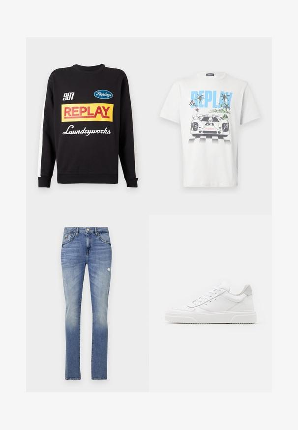 Μαύρη μπλούζα crewneck με λευκές ρίγες στα μανίκια, featuring πολύχρωμα λογότυπα "Replay" και "Laundryworks" στο μπροστινό μέρος.; Λευκό βαμβακερό μπλουζάκι με πολύχρωμο σχέδιο που απεικονίζει αγωνιστικό αυτοκίνητο, φοίνικες και καρό σημαίες, με την επιγραφή «REPLAY» σε περίοπτη θέση.; Ανοιχτό μπλε τζιν παντελόνι με κλασική γραμμή, με φθαρμένη επιφάνεια, ελαφριά φθορά, θηλάκια για ζώνη, πέντε τσέπες και ασημένια εξαρτήματα.; Λευκά δερμάτινα αθλητικά παπούτσια με απλή επιφάνεια, στρογγυλή μύτη, επίπεδα κορδόνια και ανάγλυφη σόλα. Γκρι σουέτ λεπτομέρεια στη φτέρνα.