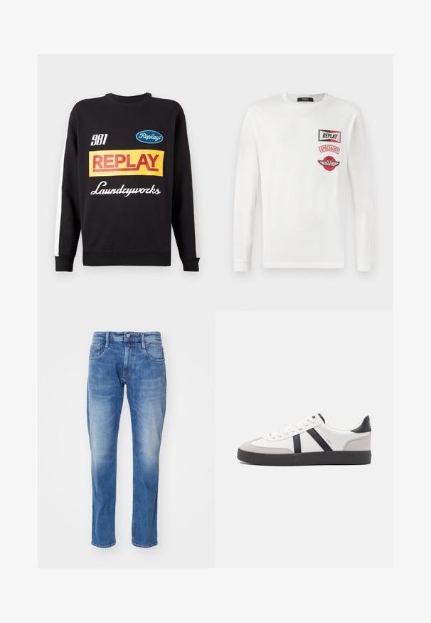Sudadera negra de cuello redondo con rayas blancas en las mangas, que presenta logotipos de texto multicolores "Replay" y "Laundryworks" en la parte delantera.; Camisa blanca de manga larga con tres parches rojos y negros en el lado izquierdo del pecho: "REPLAY", "SPECIALIST" y un logo de una V alada.; Jeans de mezclilla azul claro con corte recto, diseño de cinco bolsillos, un ligero desgastado y una cinturilla estándar con cierre de botón.; Zapatilla blanca con acentos en negro y gris, que presenta una puntera texturizada en gris, suela de goma negra y cordones planos blancos. Diseño limpio, estilo minimalista.
