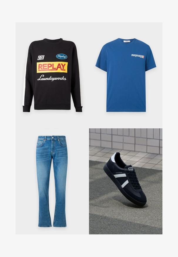 Schwarzer Rundhalspullover mit weißen Streifen an den Ärmeln, auf der Vorderseite mit mehrfarbigen "Replay"- und "Laundryworks"-Textlogos versehen.; Blaues kurzärmeliges Baumwoll-T-Shirt mit weißem "Replay"-Logo und vier farbigen Streifen auf der linken Brust, Rundhalsausschnitt, glatter Rücken.; Blaue Denim- Schlagjeans mit normaler Taille, zwei Fronttaschen und leichter Abnutzung. Der Stoff hat eine weiche Textur und traditionelle Nähte.; Schwarze Leder-Sneaker mit weißen Streifen, strukturiertem Gummisohle und Schnürung. Verfügt über ein Markenetikett auf der Zunge.