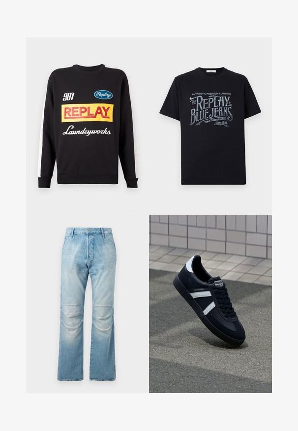 Sudadera negra de cuello redondo con rayas blancas en las mangas, que presenta logotipos de texto multicolores "Replay" y "Laundryworks" en la parte delantera.; Camiseta de algodón negra de manga corta y cuello redondo, con un diseño gráfico de texto en estilo vintage en blanco y azul claro en la parte frontal.; Jeans de corte recto de talle alto en azul claro, con parches en las rodillas y una textura desgastada. Cierre de botón metálico en la cintura.; Zapatilla de cuero negra con rayas blancas, suela de goma texturizada y parte frontal con cordones. Cuenta con una etiqueta de marca en la lengüeta.