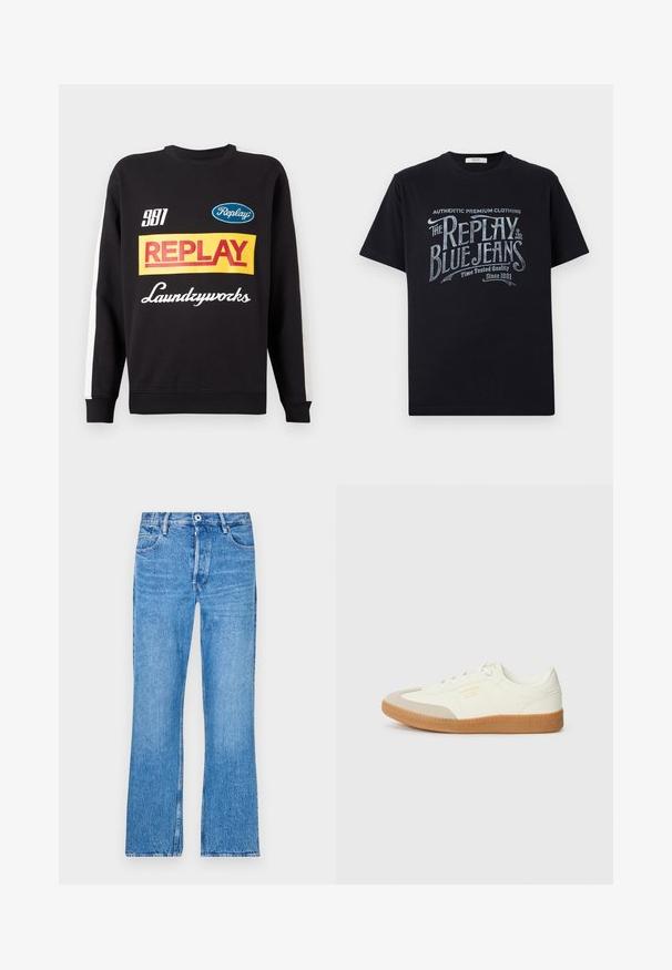 Schwarzer Rundhalspullover mit weißen Streifen an den Ärmeln, auf der Vorderseite mit mehrfarbigen "Replay"- und "Laundryworks"-Textlogos versehen.; Schwarzes Baumwoll-T-Shirt mit kurzen Ärmeln und rundem Halsausschnitt, mit einem grafischen Textdesign im Vintage-Stil in Weiß und hellblau auf der Vorderseite.; Blaue, gerade geschnittene Jeans aus Denim mit einem verfärbten Waschlook. Mit Knopfverschluss, Gürtelschlaufen und dem klassischen Fünf-Taschen-Design.; Sneaker aus weißem Leder mit einer beigen Zehenkappe und leichter brauner Gummisohle. Verfügt über flache weiße Schnürsenkel und geprägtes Branding an der Seite.