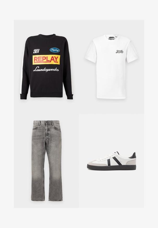 Schwarzer Rundhalspullover mit weißen Streifen an den Ärmeln, auf der Vorderseite mit mehrfarbigen "Replay"- und "Laundryworks"-Textlogos versehen.; Weißes T-Shirt mit kurzer Ärmeln und Rundhalsausschnitt, mit kleinem schwarzen "Pepsi-Cola"-Logo auf der linken Brust und markiertem Halsband.; Graue Jeans aus Denim mit einem leicht verblassten Finish, gerades Bein-Design, klassischer Fünf-Taschen-Stil und klassischer Reißverschlussverschluss.; Weiße Sneaker mit schwarz- und grau-aczenten, ausgestattet mit einer strukturierten grauen Zehenkappe, schwarzer Gummi-Sohle und flachen weißen Schnürsenkeln. Sauberes Design, minimalistische Stil.