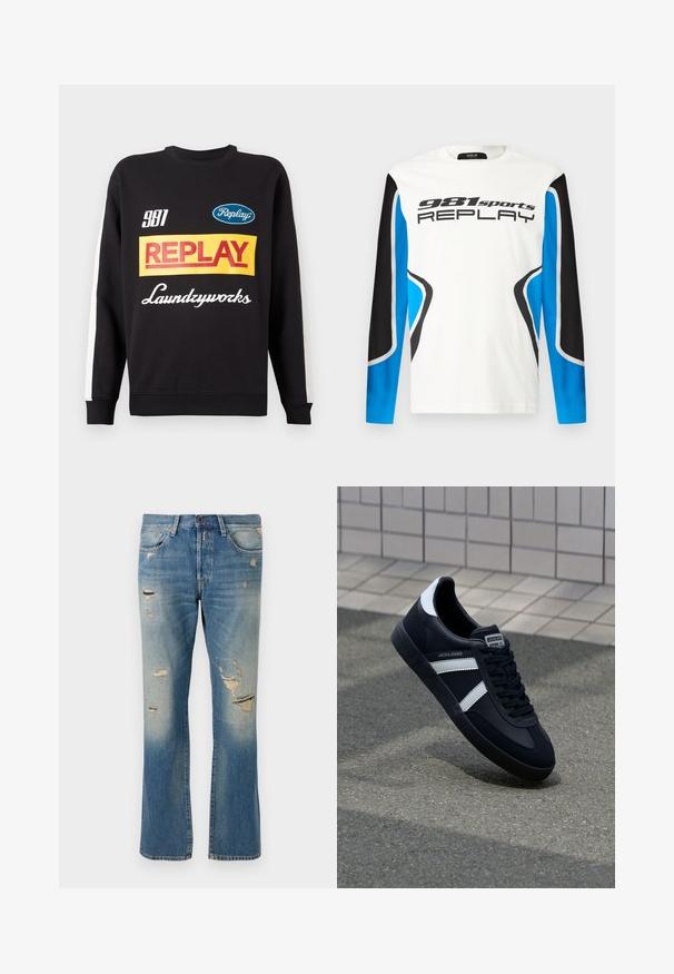 Schwarzer Rundhalspullover mit weißen Streifen an den Ärmeln, auf der Vorderseite mit mehrfarbigen "Replay"- und "Laundryworks"-Textlogos versehen.; Langarm-Sportshirt mit weißer Vorderseite, schwarzen und blauen Ärmeln und dem Aufdruck "981 sports REPLAY" auf der Brust.; Hellblaue Denim-Jeans mit einer lockeren Passform, die verwaschene Details und fransige Patches aufweisen, mit dem klassischen Fünf-Taschen-Design und einem Knopfverschluss.; Schwarze Leder-Sneaker mit weißen Streifen, strukturiertem Gummisohle und Schnürung. Verfügt über ein Markenetikett auf der Zunge.
