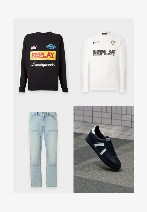 Sweat-shirt noir à col rond avec des rayures blanches sur les manches, présentant des logos de texte multicolores "Replay" et "Laundryworks" sur le devant.; Chemise blanche à manches longues avec le texte noir "REPLAY" sur la poitrine, petit texte "REPLAY FC" en haut à gauche, et un emblème en trois couleurs avec trois étoiles en haut à droite.; Jean en denim bleu clair à jambe droite, avec poches plaquées et finition délavée. Fermeture à bouton à la taille, passants de ceinture standards.; Sneaker en cuir noir avec des rayures blanches, semelle en caoutchouc texturée et devant à lacets. Présente une étiquette de marque sur la languette.
