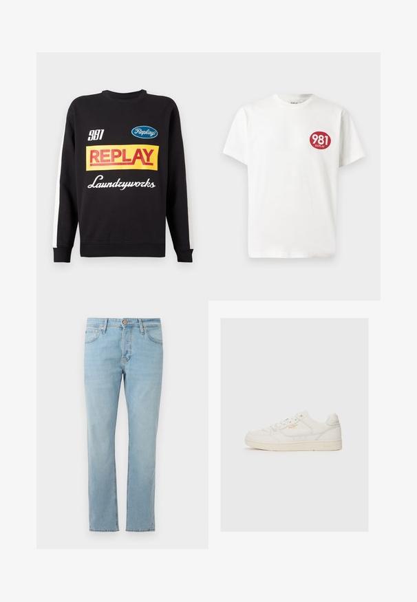 Μαύρη μπλούζα crewneck με λευκές ρίγες στα μανίκια, featuring πολύχρωμα λογότυπα "Replay" και "Laundryworks" στο μπροστινό μέρος.; Λευκό βαμβακερό μπλουζάκι με στρογγυλό κόκκινο λογότυπο στο αριστερό στήθος που περιέχει το κείμενο "981 REPLAY". Μικρές μανίκες και κανονική γραμμή.; Ανοιχτό μπλε τζιν παντελόνι με ίσια γραμμή, πέντε τσέπες και κουμπί στο μέσο, απλωμένο σε λευκό φόντο.; Λευκά δερμάτινα αθλητικά παπούτσια με ομαλή υφή, με χαρακτηριστικά τρυπητά σχέδια, μπροστινό κλείσιμο με κορδόνια και διακριτό λογότυπο σε χρυσό κοντά στο πλάι.