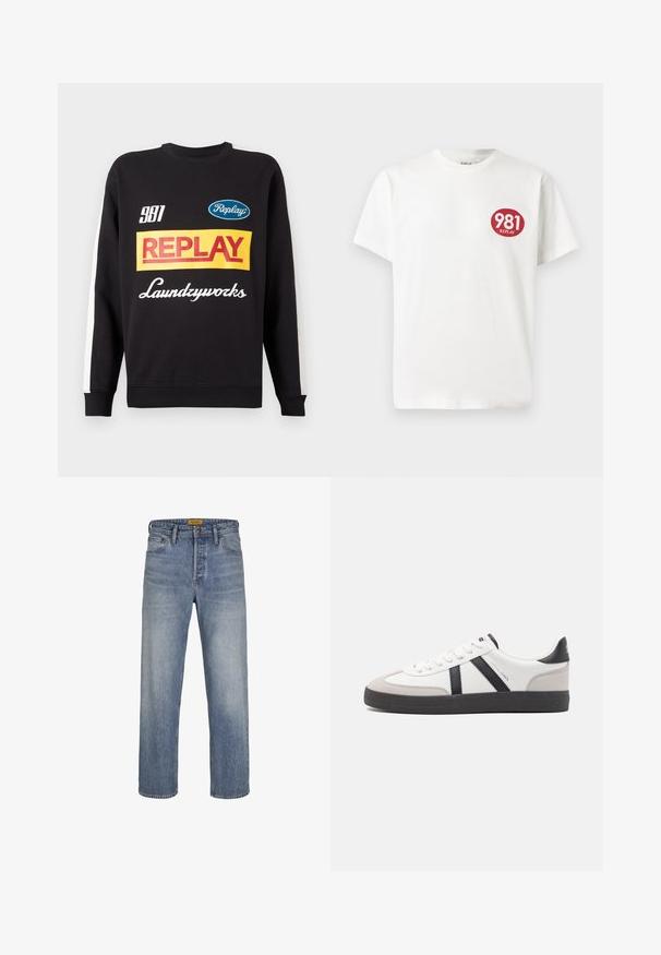Μαύρη μπλούζα crewneck με λευκές ρίγες στα μανίκια, featuring πολύχρωμα λογότυπα "Replay" και "Laundryworks" στο μπροστινό μέρος.; Λευκό βαμβακερό μπλουζάκι με στρογγυλό κόκκινο λογότυπο στο αριστερό στήθος που περιέχει το κείμενο "981 REPLAY". Μικρές μανίκες και κανονική γραμμή.; Ανοιχτό μπλε τζιν παντελόνι ίσιας γραμμής φτιαγμένο από τζιν, με ξεθωριασμένο φινίρισμα, πέντε τσέπες, θηλιές ζώνης και κλείσιμο με φερμουάρ και κουμπί.; Λευκό αθλητικό παπούτσι με μαύρες και γκρί λεπτομέρειες, featuring ένα υφή γκρί καλύμμα δαχτύλου, μαύρη καουτσούκ σόλα και επίπεδες λευκές κορδόνες. Καθαρός σχεδιασμός, μινιμαλιστικό στυλ.