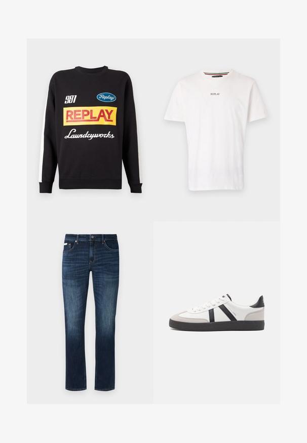 Zwarte crewneck sweatshirt met witte strepen op de mouwen, voorzien van kleurrijke "Replay" en "Laundryworks" tekstlogo's aan de voorkant.; Witte katoenen T-shirt met een v-halsontwerp, korte mouwen en een kleine "REPLAY" op de borst gedrukt. Soepele textuur, casual pasvorm.; Donkerblauwe denim jeans met een rechte pasvorm, voorzien van een klassiek vijf-pocketontwerp, koperen details en subtiele vervagingselementen.; Witte sneaker met zwarte en grijze accenten, voorzien van een grijze neus met textuur, zwarte rubberen zool en platte witte veters. Schoon ontwerp, minimalistische stijl.