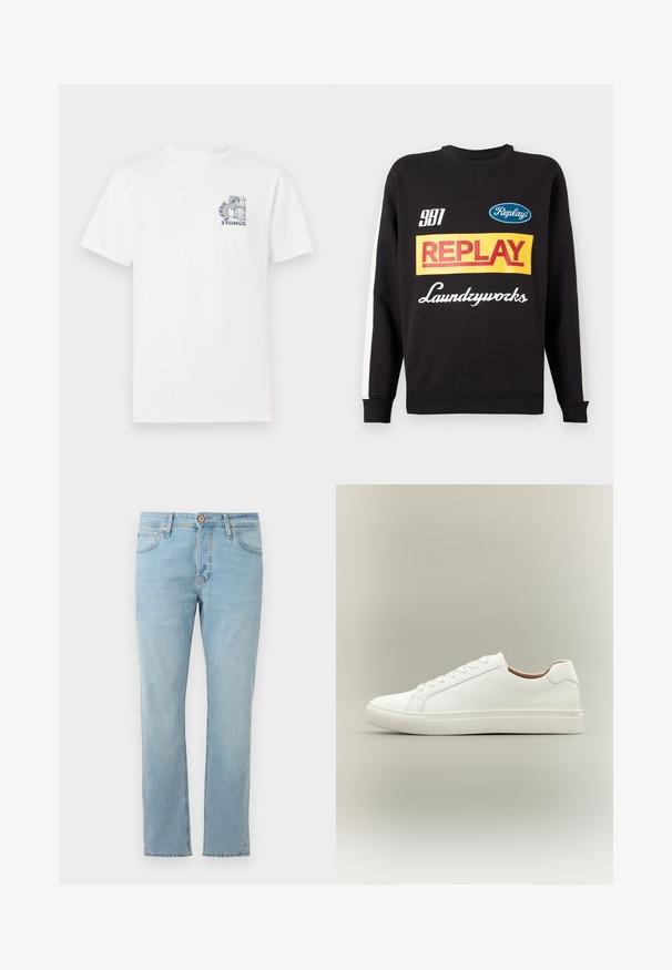 Sort crewneck sweatshirt med hvide striber på ærmerne, med flerfarvede "Replay" og "Laundryworks" tekstlogoer på fronten.; Hvid t-shirt med korte ærmer lavet af bomuld, med et blåt grafisk motiv på brystet af en vaskebjørn ved siden af en skraldespand og teksten "STANCE."; Lyseblå denim jeans med lige pasform, fem lommer og knaplukning i taljen, vist fladt på en hvid baggrund.; Hvid lavt snøresko med snørelukning og flad sål, vist fra siden på en neutral baggrund.