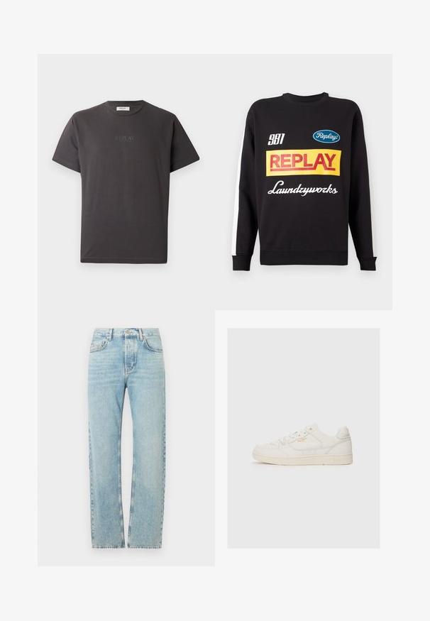 Μαύρη μπλούζα crewneck με λευκές ρίγες στα μανίκια, featuring πολύχρωμα λογότυπα "Replay" και "Laundryworks" στο μπροστινό μέρος.; Σκούρο γκρι κοντομάνικο βαμβακερό T-shirt με διακριτικό εμβαπτισμένο λογότυπο "REPLAY" στο μπροστινό μέρος. Στρογγυλή λαιμόκοψη και άνετη εφαρμογή.; Τζιν παντελόνι από ανοιχτό μπλε denim με ίσια γραμμή, διαθέτει κλασική μέση, πέντε τσέπες και διακριτική ξεθώριασμα σε όλο το ύφασμα.; Λευκά δερμάτινα αθλητικά παπούτσια με ομαλή υφή, με χαρακτηριστικά τρυπητά σχέδια, μπροστινό κλείσιμο με κορδόνια και διακριτό λογότυπο σε χρυσό κοντά στο πλάι.