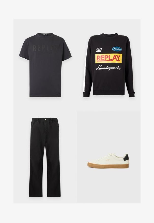 Μαύρη μπλούζα crewneck με λευκές ρίγες στα μανίκια, featuring πολύχρωμα λογότυπα "Replay" και "Laundryworks" στο μπροστινό μέρος.; Σκούρο γκρι κοντομάνικη μπλούζα με την επιγραφή «REPLAY EIGHTYONE» σε ανάγλυφα μαύρα γράμματα στο μπροστινό μέρος.; Μαύρο παντελόνι από βαμβάκι με ελαστική ζώνη, διαθέτει ίσια γραμμή, λεία υφή και χωρίς εμφανή διακοσμητικά στοιχεία ή σχέδια.; Λευκά καμβά παπούτσια με καουτσούκ σόλα, μαύρη λεπτομέρεια στη φτέρνα, στρογγυλή μύτη και σχέδιο με κορδόνια. Διαθέτει λογότυπο της μάρκας σε χρυσό στο πλάι.