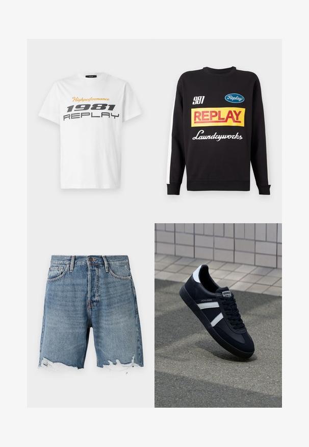 Sudadera negra de cuello redondo con rayas blancas en las mangas, que presenta logotipos de texto multicolores "Replay" y "Laundryworks" en la parte delantera.; Replay SHORT SLEEVE GRAPHIC - Camiseta estampada - natural white; Shorts de mezclilla en azul claro con dobladillo deshilachado, diseño de cinco bolsillos y costuras visibles. Presenta un cierre de botón en la cintura.; Zapatilla de cuero negra con rayas blancas, suela de goma texturizada y parte frontal con cordones. Cuenta con una etiqueta de marca en la lengüeta.
