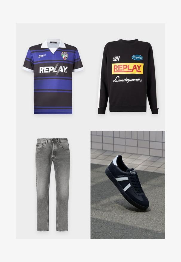 Sort crewneck sweatshirt med hvide striber på ærmerne, med flerfarvede "Replay" og "Laundryworks" tekstlogoer på fronten.; Sort og blå fodboldtrøje med horisontale striber, hvid krave og "REPLAY" logo. Har et skjoldemblem med stjerner ovenfor.; Grå denimjeans med et lige bensnit, med en falmet finish, fem lommer, bæltestropper og kontrasterende syningsdetaljer.; Sort lædersneaker med hvide striber, tekstureret gummisål og snørrebånd foran. Har et brandet mærke på tungen.