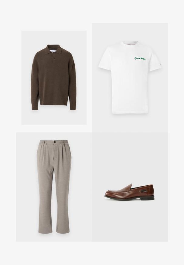 Brun strikket pullover med kraveudskæring, to-knaps lukning og ribbede manchetter og kant. Blød tekstur, afslappet pasform.; Tommy Hilfiger AMERICAN CLASSICS TEE - T-shirts print - white; Lyse grå bukser med en afslappet pasform, lavet af blødt stof, med elastisk talje, plisseringer og en enkelt knaplukning.; Stuart Weitzman BURT - Loafers - auburn