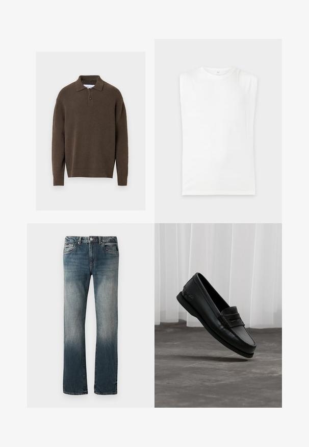 Brauner Strickpullover mit Kragen, Zwei-Knopf-Leiste sowie gerippten Bündchen und Saum. Weiche Textur, lockere Passform.; Schlichtes weißes ärmelloses T-Shirt mit gepolsterten Schultern und rundem Ausschnitt, dargestellt auf hellem grauem Hintergrund.; Herrliche gerade geschnittene blaue Denim-Jeans mit ausgewaschenem Effekt und Fünf-Taschen-Design auf weißem Hintergrund.; Schwarzer Lederloafer mit Mokassinnaht und Penny-Riemen, leicht über dem grauen Boden geneigt, weiße vertikale Jalousien im Hintergrund.