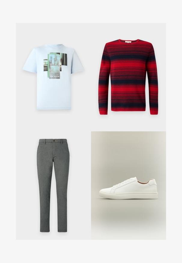 TOM TAILOR IRREGULAR STRIPES CREWNECK - Striktrøje - red navy; TOM TAILOR T-shirts print - light metal blue; Grå bukser lavet af tekstureret stof, med lige pasform, knaplukning og bæltesløjfer. Enkelt farve uden synlige mønstre.; Hvid lavt snøresko med snørelukning og flad sål, vist fra siden på en neutral baggrund.