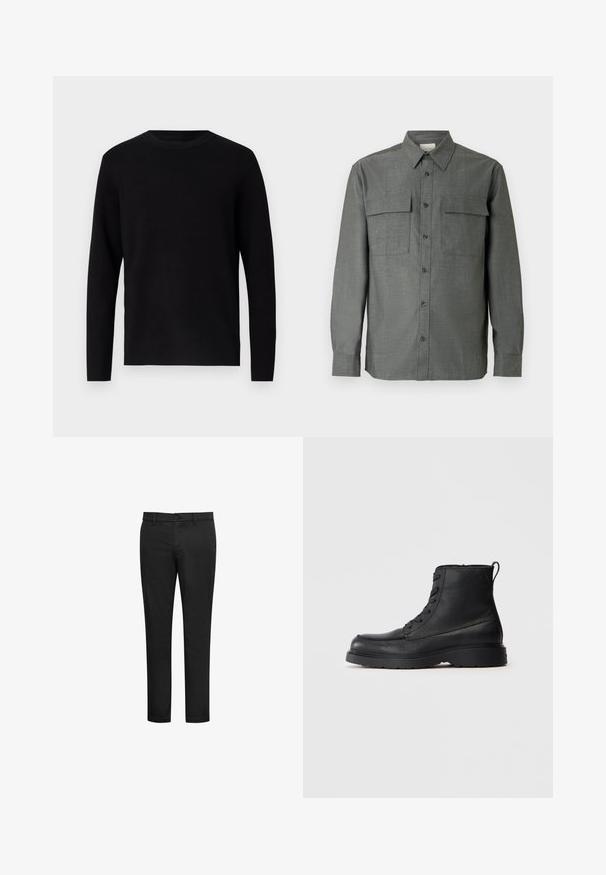 Pull en maille noir avec un col rond et des manches longues. Texture lisse et couleur unie, sans motifs ni accents visibles.; Chemise grise à boutons avec col structuré, deux poches poitrine, manches longues avec poignets boutonnés ; finition en tissu texturé.; Pantalon slim noir avec passants de ceinture, bouton devant et fermeture éclair, présenté sur un fond blanc uni.; Botte à lacets en cuir noir texturé, avec une semelle épaisse et une languette à l'arrière, vue de côté.