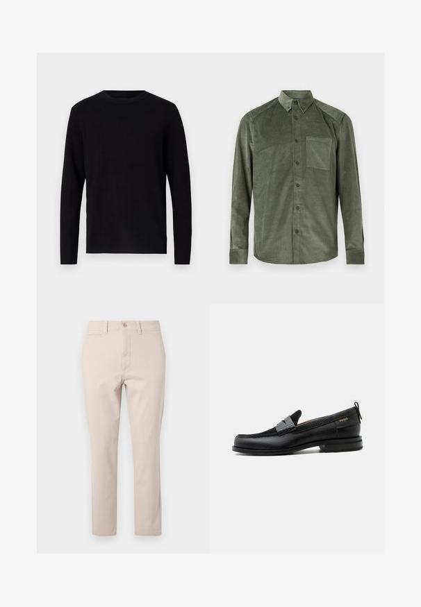 Pull en maille noir avec un col rond et des manches longues. Texture lisse et couleur unie, sans motifs ni accents visibles.; Chemise à manches longues en velours côtelé vert olive pour hommes, avec poche poitrine et col boutonné, présentée sur fond blanc.; Pantalon en coton beige à coupe droite, avec fermeture à bouton sur le devant, passants de ceinture et une poche arrière. Texture lisse.; Mocassin en cuir noir avec détail de bride grise, talon bas et semelle texturée, marqué "HUGO" en or sur le côté.