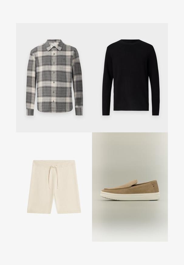 Pull en maille noir avec un col rond et des manches longues. Texture lisse et couleur unie, sans motifs ni accents visibles.; Chemise à manches longues à carreaux noir et crème. Dotée d'un devant à boutons, d'un col classique et d'un motif à carreaux varié. Texture de tissu douce.; Shorts en maille beige avec taille et ourlet côtelés, dotés d'un cordon noué au centre avant.; Baskets beige en daim à enfiler avec semelle en caoutchouc blanche, panneau perforé au talon et petit détail de drapeau rouge, blanc et bleu sur le côté.