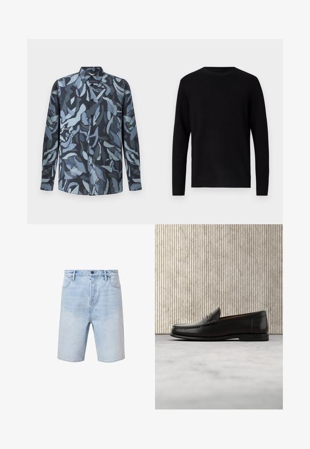 Pull en maille noir avec un col rond et des manches longues. Texture lisse et couleur unie, sans motifs ni accents visibles.; Chemise à manches longues en tissu doux, présentant une base bleu foncé avec des motifs abstraits de feuilles bleu clair, un devant à boutons et un col.; Shorts en denim bleu clair avec une coupe regular, design à cinq poches et une fermeture à bouton. Présente un léger délavage et un ourlet cousu.; Mocassin penny en cuir noir avec talon bas, bout arrondi et détails cousus à l'avant et sur les côtés, présenté sur un fond neutre.