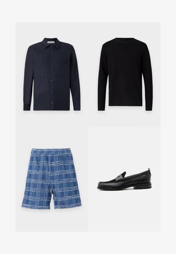 Sort striktrøje med rund hals og lange ærmer. Glat tekstur og ensfarvet, uden synlige mønstre eller accenter.; Samsøe Samsøe TAKA JO OVERSHIRT - Skjorter - dark blue; Denim shorts med en flosset kant, der har et blåt ternet mønster. Elastisk talje, lige skæring og blød tekstur.; Sort læderloafer med grå remdetalje, lav hæl og tekstureret sål, mærket med "HUGO" i guld på siden.