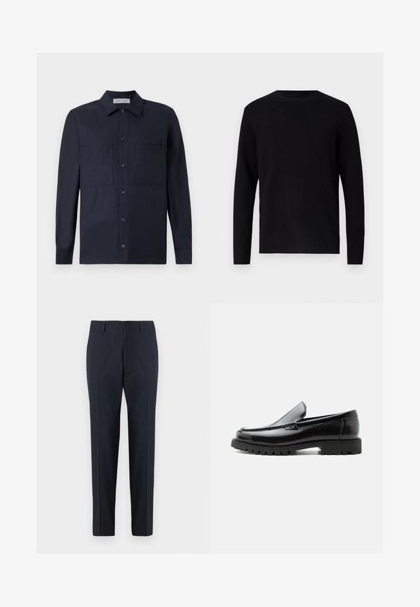 Sort striktrøje med rund hals og lange ærmer. Glat tekstur og ensfarvet, uden synlige mønstre eller accenter.; Samsøe Samsøe TAKA JO OVERSHIRT - Skjorter - dark blue; DRYKORN AJEND - Chino - blue; Sort læderloafer med chunky gummisål, syet overdel og præget mærkenavn på hælen, vist i sideprofil på hvid baggrund.