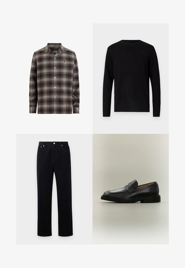 Pull en maille noir avec un col rond et des manches longues. Texture lisse et couleur unie, sans motifs ni accents visibles.; Chemise à carreaux brune et grise en tissu léger, avec un col évasé, fermeture à boutons et un logo brodé sur la poitrine.; Pantalons en velours côtelé noir avec une coupe droite, dotés d'une fermeture à bouton et fermeture éclair, de cinq poches et d'un tissu doux et texturé.; Mocassin homme en cuir noir avec un petit talon et une bride sur le dessus, montré de profil sur un fond neutre.