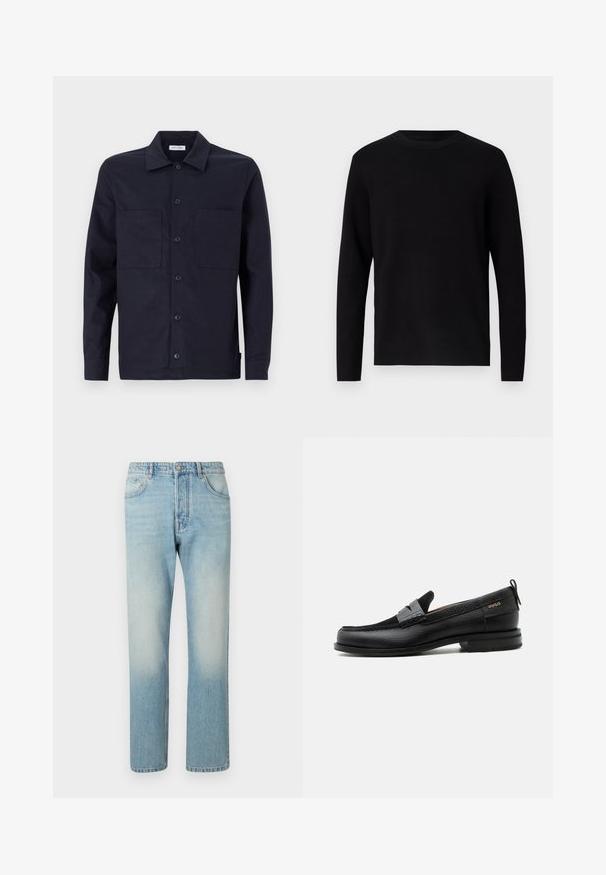 Pull en maille noir avec un col rond et des manches longues. Texture lisse et couleur unie, sans motifs ni accents visibles.; Chemise bleu marine à boutons avec un col classique, deux poches avant, des manches longues et une texture en coton lisse.; Jeans bleu clair fabriqués en denim, présentant un design à jambe droite, une structure à cinq poches et un effet délavé au niveau des cuisses.; Mocassin en cuir noir avec détail de bride grise, talon bas et semelle texturée, marqué "HUGO" en or sur le côté.