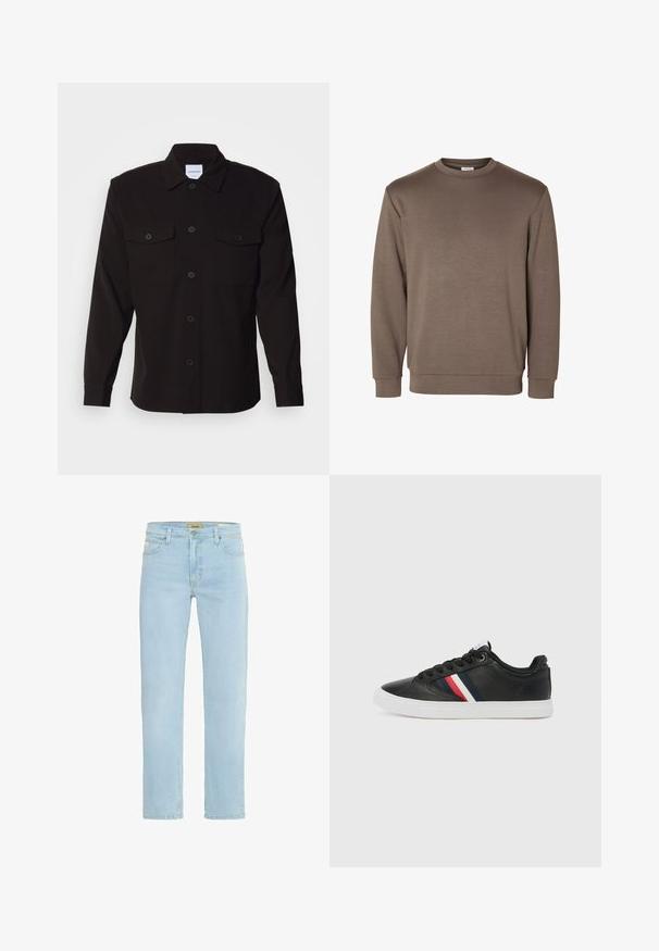 Brun sweatshirt lavet af blødt stof, med rund halsudskæring, lange ærmer og ribbede manchetter i enderne.; Sort skjorte med lange ærmer, knaplukning foran, to brystlommer og en struktureret krave. Fremstillet af et ensartet stof med en glat tekstur.; Lysblå denim jeans med lige snit, fem-lomme design, subtil falmning og klassisk talje med lukning med knap foran.; Tommy Hilfiger ICON COURT STRIPES - Sneakers - black