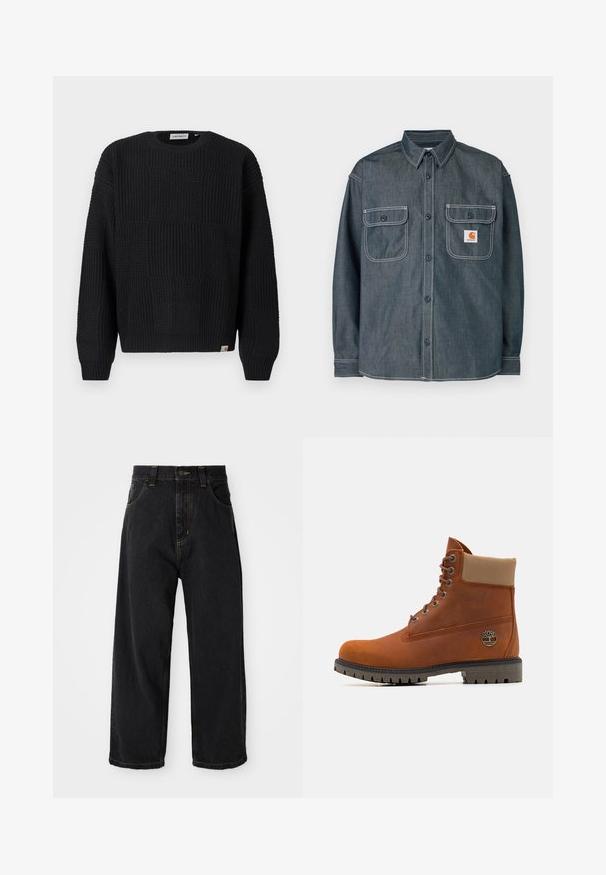 Zwarte gebreide trui met een gestructureerd patchworkdesign. Voorzien van een ronde hals, lange mouwen en een klein merkembleem op de zoom.; Donkergrijze denim blouse met knopen, twee borstzakken met knopen, wit contrasterend stiksel en een klein oranje logolabel op de rechterzak.; Zwarte wijde denim jeans met hoge taille, voorste knoop, rits en gele stiksels op de zakken en naden.; Timberland Veterboots - medium orange