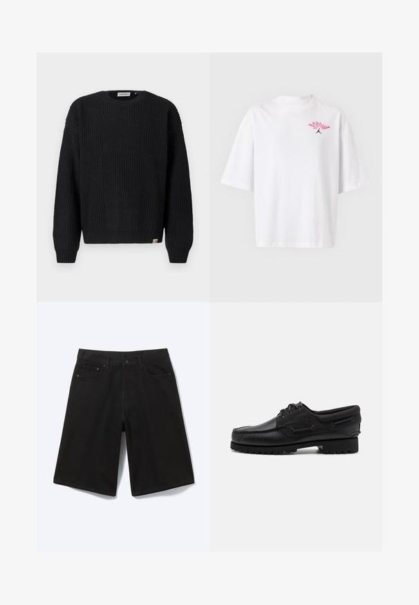 Sort strikket sweater med et struktureret, patchwork-design. Har rund halsudskæring, lange ærmer og en lille mærkelogo på kanten.; Hvid T-shirt med korte ærmer med et lille pink og rødt "JORDAN" logo og en sort Jumpman-silhuet på venstre bryst.; Sorte denim shorts til knæet med frontknap, bæltestropper og fem lommer, vist mod en hvid baggrund.; Sort sko med overdel i læder, tekstilaccentuer, runde snørebånd og en tekstureret gummisål. Udstyret med mokkasinsyning og branddetalje.