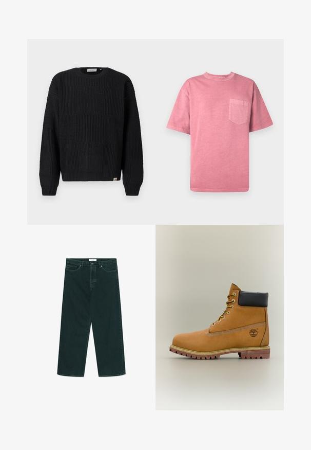 Zwarte gebreide trui met een gestructureerd patchworkdesign. Voorzien van een ronde hals, lange mouwen en een klein merkembleem op de zoom.; Roze katoenen T-shirt met korte mouwen, ronde halslijn en een borstzakje aan de linkerkant. Heeft een vervaagde textuur en een ontspannen pasvorm.; Donkergroene spijkerbroek met wijdere pijpen, voorzien van een knoop- en ritsclosure, voorzakken en riemlussen, plat gelegd op een witte achtergrond.; Bruine leren enkellaars met zwarte kraag, gele veters en een zandkleurige zool. Voorzien van een logo en witte stikseldetails. Robuuste loopzool met grip.