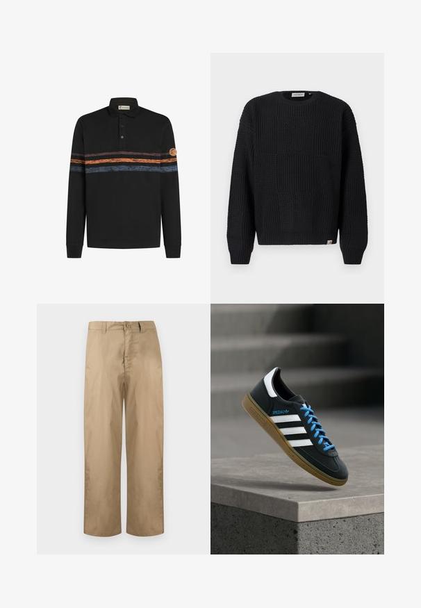 Sort strikket sweater med et struktureret, patchwork-design. Har rund halsudskæring, lange ærmer og en lille mærkelogo på kanten.; Sort langærmet polo-shirt med et struktureret horisontalt stribemønster i orange og blå, med et logo-patch på venstre ærme.; Beige bukser med lige ben, bæltestropper, knaplukning og lynlås, vist på en ensfarvet lys baggrund.; Sort Adidas sneaker med hvide striber, blå snørebånd og gummisål, der svæver over gråt betontrin i blødt lys.