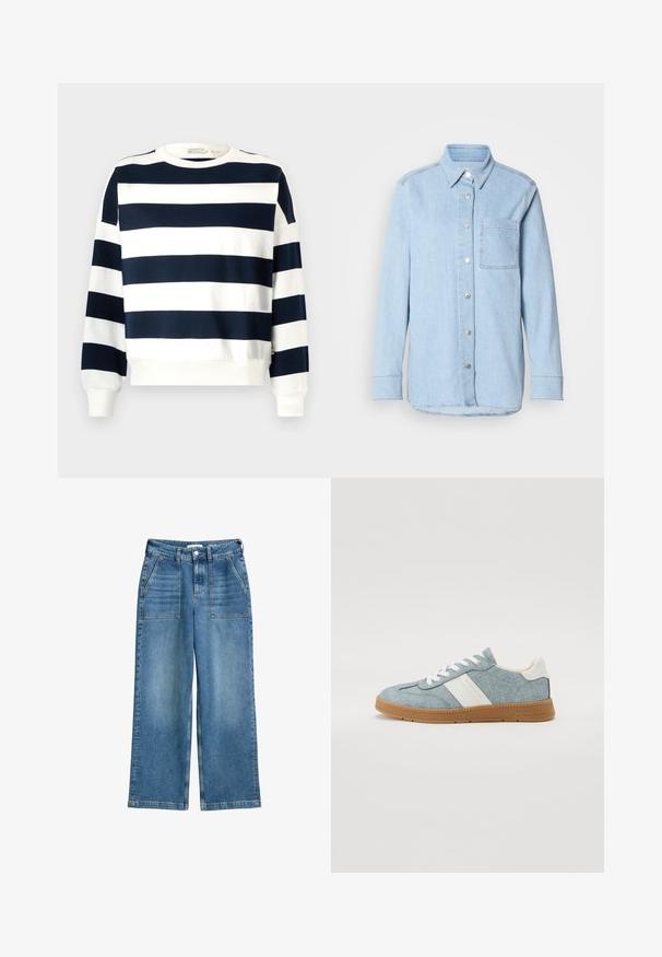Marineblå og hvidstribet sweatshirt med rund hals, lange ærmer og ribbede cuffs. Blødt stof med et afslappet fit design.; Lyseblå denimskjorte med knaplukning foran, spids krave, enkelt brystlomme og lange ærmer med knapmanchetter.; Højhalsede, brede bukser i blå denim med frontlommer, bæltestropper og lukning med frontknap og lynlås.; Denim lærredssko med lyseblåt overmateriale, hvid side stripe og gummisål. Har hvide snørebånd og polstret krave.