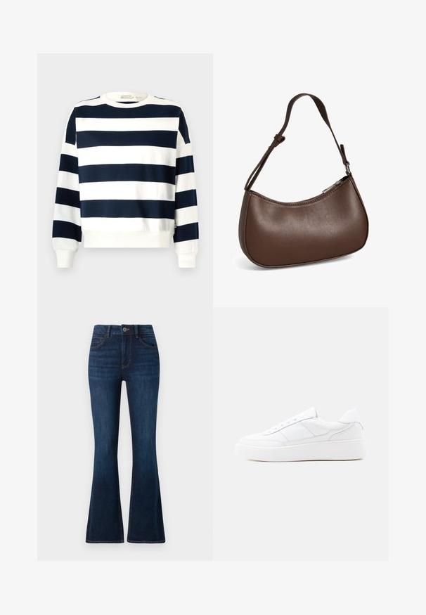 Marineblauw en witte gestreepte sweatshirt met een ronde hals, lange mouwen en geribde manchetten. Zachte stof met een ontspannen pasvorm.; TOM TAILOR STELLA donkerblauw denim; Witte lage sneaker met dikke zool, veterontwerp en subtiele stikselaccenten op een effen lichte achtergrond.; Kleine bruine leren schoudertas met verstelbare band en ritssluiting, getoond tegen een witte achtergrond. Geen zichtbaar merk of versieringen.