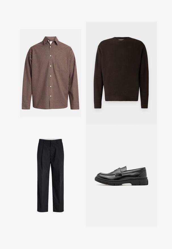 Mørkebrun crewneck sweater lavet af tekstureret stof. Har lange ærmer samt ribbede manchetter og kant. Minimalistisk design uden mønstre eller accenter.; Brunternetternet knap-up skjorte med lange ærmer, med en brystlomme og hvide knapper på et struktureret stof.; Sorte bukser med lige ben med taljebånd, bæltestropper, frontlynlås og sidelommer vist på en hvid baggrund.; Sort læder loafersko med en bred rem over forfoden, gummisål med tykke mønstre og glat overflade. Klassisk, slankt design.