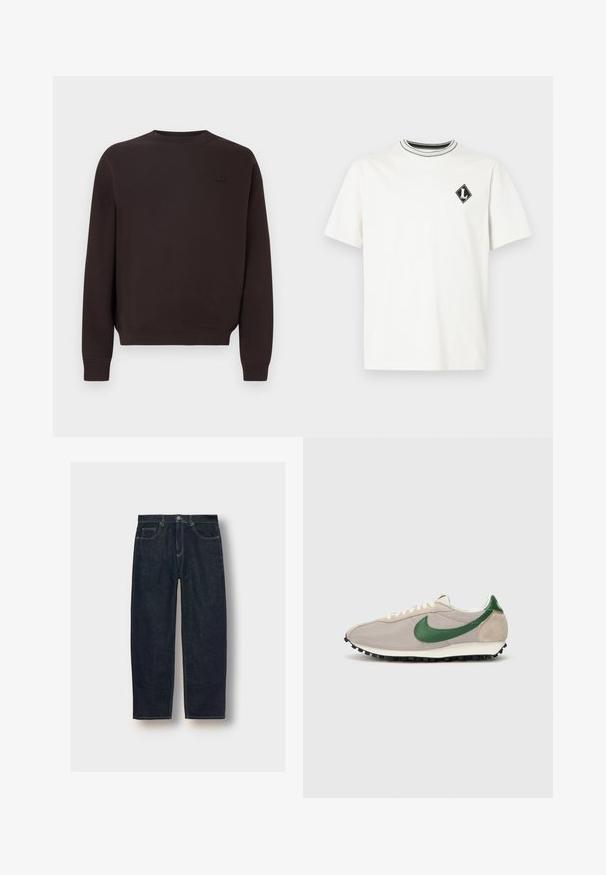 Dunkelbraunes Sweatshirt aus Baumwollmischung mit Rundhalsausschnitt, gerippten Bündchen und Saum sowie einem dezenten Logo auf der Brust.; Weißes Baumwoll-T-Shirt mit kurzen Ärmeln, das über einen schwarz-weißen gestreiften Rundhalsausschnitt und ein kleines schwarzes Diamant-Logo auf der Brust verfügt.; Dunkelblaue Jeans aus Denim mit lockerer Passform, fünf Taschen und Kontrastnähten. Mit einem Knopf- und Reißverschluss ausgestattet. Glatte Textur.; Beige Laufschuhe mit grünen Wildlederakzenten, strukturiertem Mesh-Obermaterial, cremefarbenen Schnürsenkeln und einer schwarzen Gummisohle mit Traktionsnoppen.