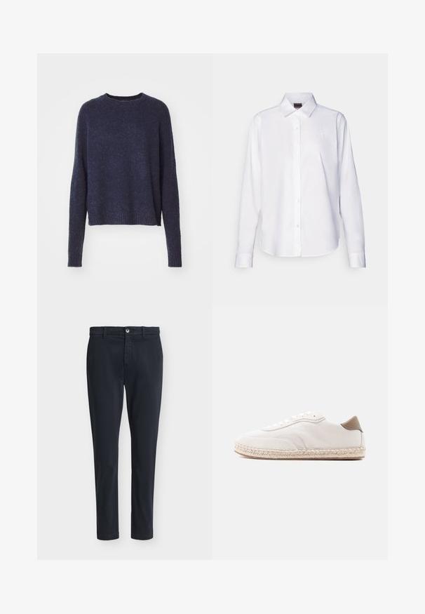 Pull-over bleu marine à manches longues, avec un col rond et des poignets et un ourlet côtelés. Fabriqué dans un tissu doux et texturé.; Chemise blanche à manches longues, boutonnée, fabriquée en coton. Comprend un col classique et une broderie de marque discrète sur la poitrine. Texture lisse.; Pantalon décontracté slim fit pour homme en bleu marine foncé avec fermeture à boutons et passants pour ceinture, présenté sur un fond gris clair uni.; Baskets blanches avec une tige en daim, des accents beiges et une semelle en jute tressé. Elles sont équipées de lacets plats et arborent un logo de marque sur le côté.