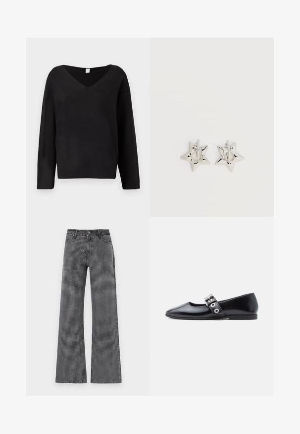 Sort sweater med V-hals, lange ærmer og ribbet kant. Fremstillet af et blødt strikmateriale med en glat tekstur. Enkel design uden mønstre.; Bredde benjeans i sort denim med et hvidt prikkemønster; har et klassisk fem-lomme-design og knappelukning.; Sort laklæder flad sko med firkantet tå, sidespænde detalje og en lav, rund hæl. Glat tekstur og minimalistisk design.; Sølv stjerneformede øreringe med en glat, poleret finish på en ensfarvet hvid baggrund.