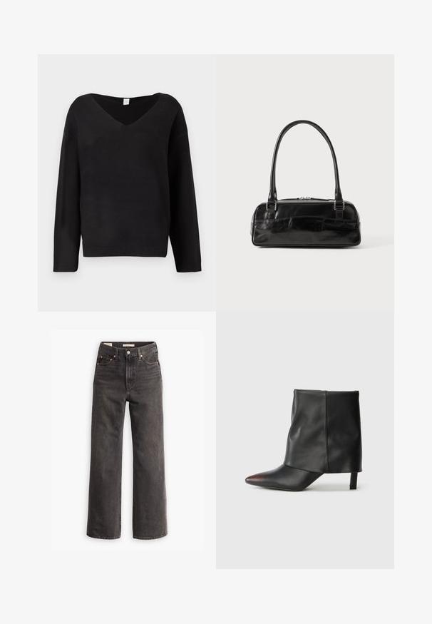 Suéter negro con escote en V, mangas largas y dobladillo acanalado. Fabricado en un material de punto suave con una textura lisa. Diseño simple, sin patrones.; Jeans de tiro alto y pierna ancha en denim gris oscuro, con bolsillos frontales, remaches de cobre en contraste y un acabado limpio sin adornos.; Botín negro de piel lisa con punta afilada y tacón cónico. La parte superior presenta un diseño ligeramente fruncido.; Bolso de mano de cuero negro con forma rectangular, equipado con un asa estructurada, herrajes en plata y cierre de cremallera. Textura suave.