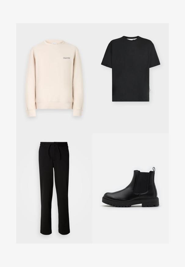 Sweatshirt beige avec un col rond, des manches longues, des poignets côtelés et "Club1990" brodé sur le devant dans une couleur sombre.; T-shirt noir à manches courtes et col rond avec un texte en relief subtil sur la poitrine et une petite étiquette blanche en tissu sur la couture latérale.; Pantalons de survêtement noirs avec une taille élastique à cordon, fabriqués à partir d'un tissu doux et extensible. Présente une coupe décontractée avec des jambes droites et sans poches visibles.; Zign LEATHER - Bottines - black