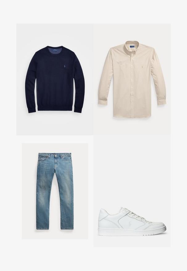 Tumesinine kudum sweater, ümar kaelus, pikad varrukad ja väikese tikitud logoga vasakul rinnal. Sile tekstuur.; Pikkade varrukatega beeži ja valge ruuduline nööbitav särk, krae ja Polo Ralph Lauren logo vasakul rinnal.; Hele sinine teksapüksid sirge lõikega, nööbiliuguriga kinnitamine, viis taskut, peen kulumine ja õmbluse aktsendid.; Valged nahast spordijalatsid siledast materjalist, millel on ventilatsiooniga varvas, paelad ja kõrvale brodeeritud logo. Valge kummitald.