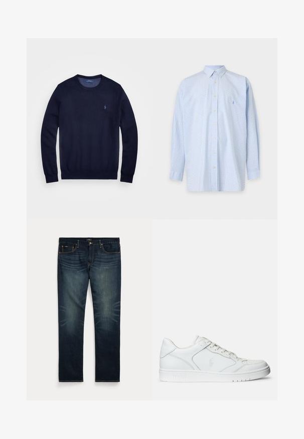 Mørkeblå strikket sweater med rund hals, lange ærmer og lille broderet logo på venstre bryst. Glat tekstur.; Lyseblå langærmet skjorte med småternet mønster og spidst krave på ensfarvet baggrund.; Mørkeblå denimjeans med subtil falming på forreste lår og orange syninger, med knap- og lynlåslukning samt fem lommer.; Hvide lædersneakers med en glat tekstur, der har en perforeret tå, snørebåndslukning og broderet logo på siden. Hvid gummisål.