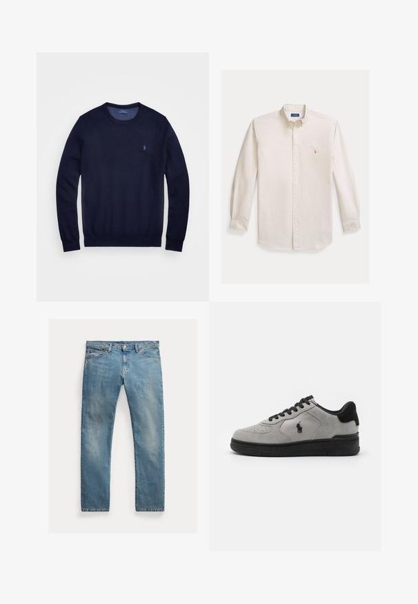 Tumesinine kudum sweater, ümar kaelus, pikad varrukad ja väikese tikitud logoga vasakul rinnal. Sile tekstuur.; Kreemikas puuvillane pikkade varrukatega nööpidega särk. Omadused: lahtine krae ja väike tikitud logo rinnal. Klassikaline lõige.; Hele sinine teksapüksid sirge lõikega, nööbiliuguriga kinnitamine, viis taskut, peen kulumine ja õmbluse aktsendid.; Halli sisejalatsid mustade aktsentidega, millel on tekstuuriga kangas külgpaneel, ümar nina ja must kummikreen. Logo on tikandina külje peal.