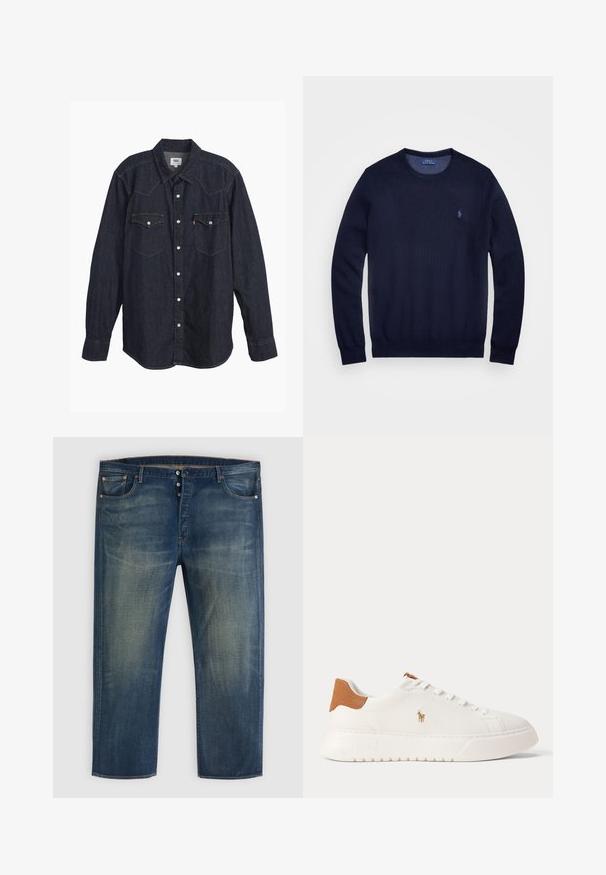 Marineblauwe gebreide trui met een ronde hals, lange mouwen en een klein geborduurd logo op de linkerborst. Glad van structuur.; Donkerdenim langärmige shirt met puntkraag, twee borstzakken, witte knopen en contrasterende gele stiksels. Glad, stevig stof.; Blauwe denim jeans met knopenfly, klassiek vijf-pocket ontwerp en vervaagde details op de dijen en knieën.; Witte lage sneaker met beige hieltab, witte veters en klein geborduurd polo spelerlogo aan de zijkant boven een dikke zool.