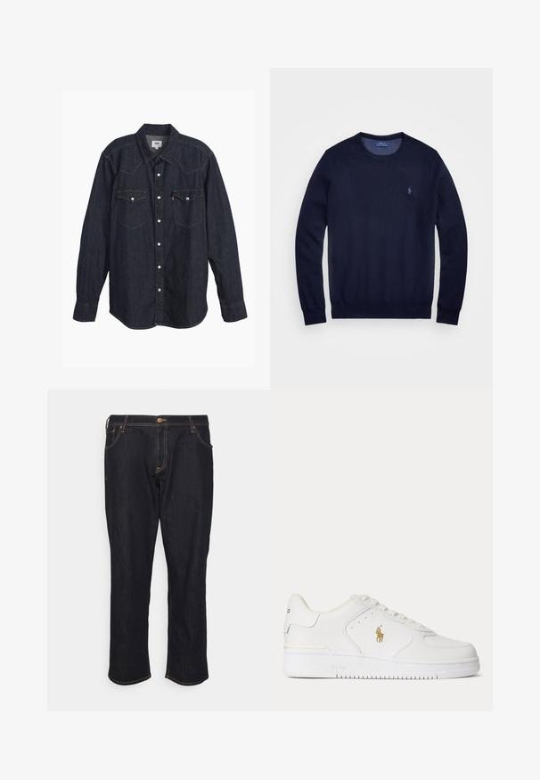 Mørkeblå strikket sweater med rund hals, lange ærmer og lille broderet logo på venstre bryst. Glat tekstur.; Mørk denim langærmet skjorte med spids krave, to brystlommer, hvide knapper og kontrastfarvet gul syning. Glat, holdbart stof.; Jack & Jones JJICHRIS JJORIGINAL - Jeans Relaxed Fit - blue denim; Hvid lavtopet lædersneaker med hvide snørebånd og et gyldent Polo Ralph Lauren-logo på siden samt "Polo" præget på sålen.